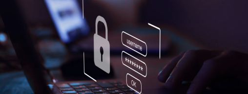 Laptop keyboard with a digital lock icon with username and password login fields representing online security